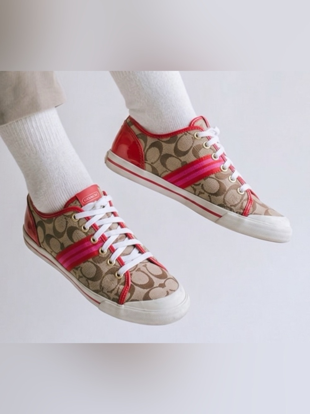 Coach Tan Signature Sneakers with Pink and Red Stripe